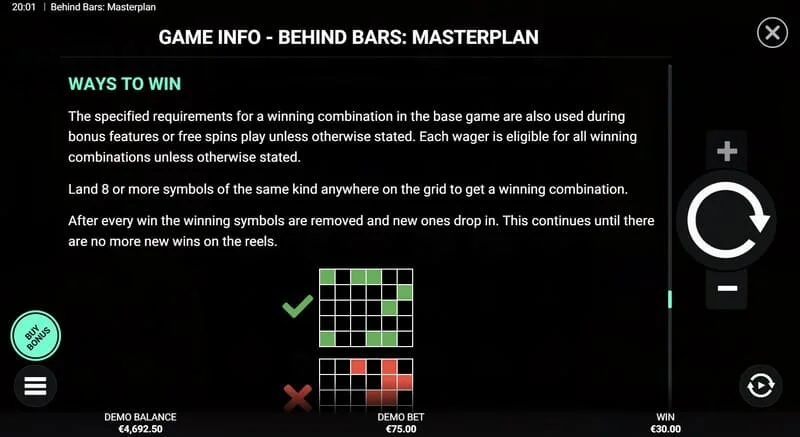 Behind Bars Masterplan - Übersicht der Gewinnlinien und Kombinationen